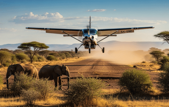 Cessna Grand Caravan single-engine turboprop aircraft approaching landing at remote Samburu airstrip, elephants visible near the runway, northern Kenya arid landscape, dramatic front-angle view, safari workhorse aircraft, professional aviation photography, adventure safari charter experience