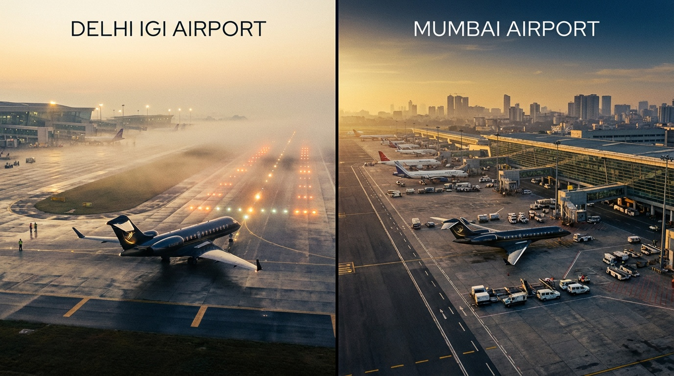 Business jet operations comparison at Delhi IGI and Mumbai CSMIA airports showing operational challenges